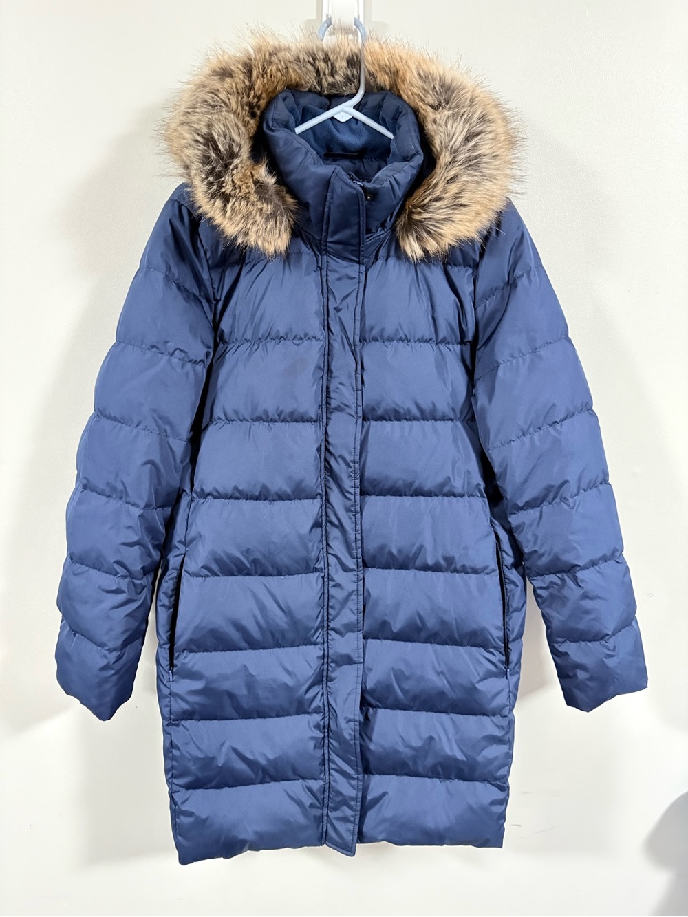 Lands End Down Puffer Coat Detachable Faux Fur Hood Blue Womens XL Tall 18